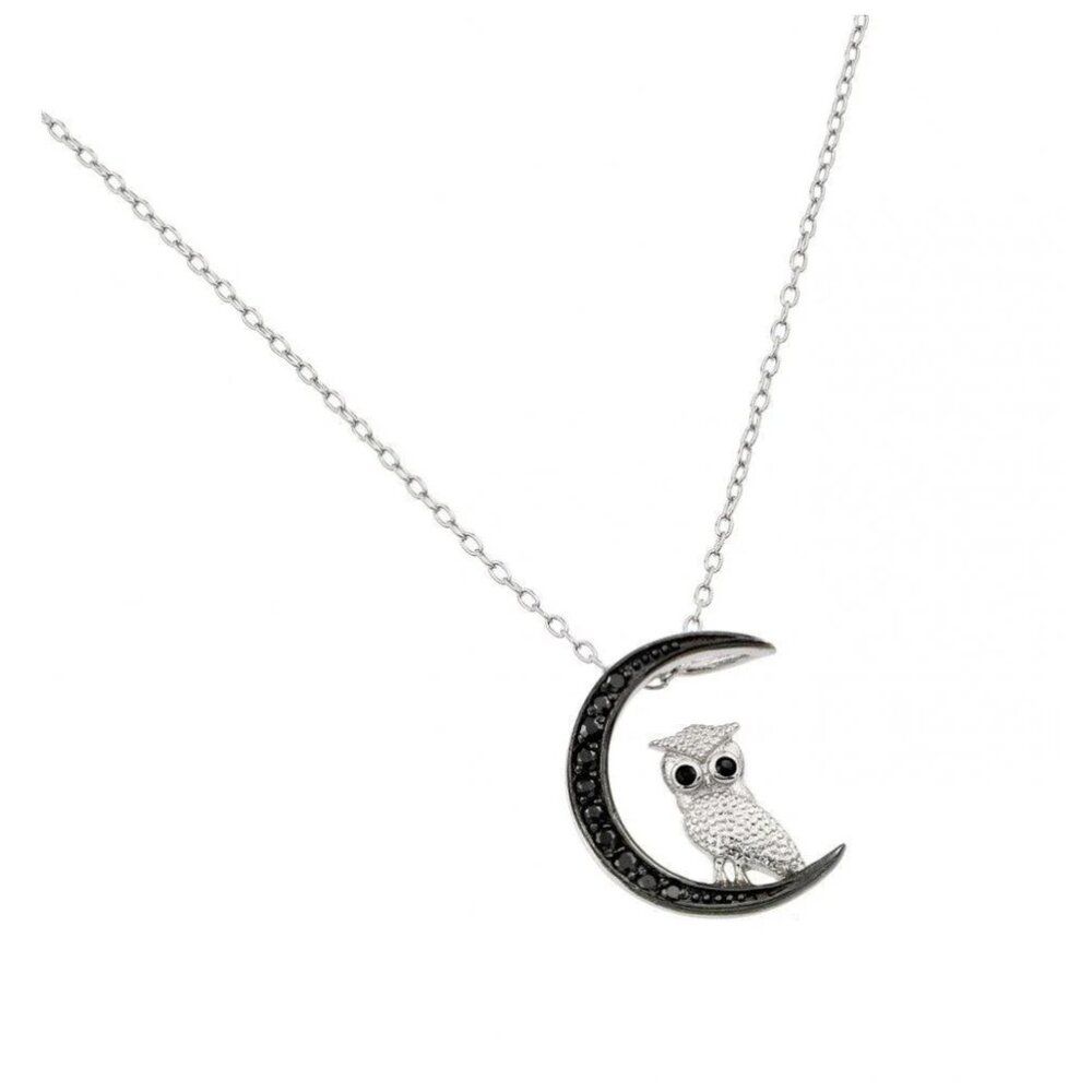 Sterling Silver 925 Rhodium Plated CZ Black Moon and Owl Pendant Necklace - Picture 2 of 10